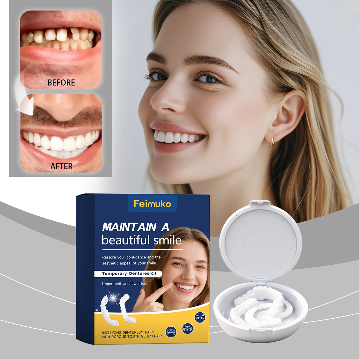 FEIMUKO Snap-On Dentures – Moldable Clip-On Dental Cover Snap-On Dentures SWANS