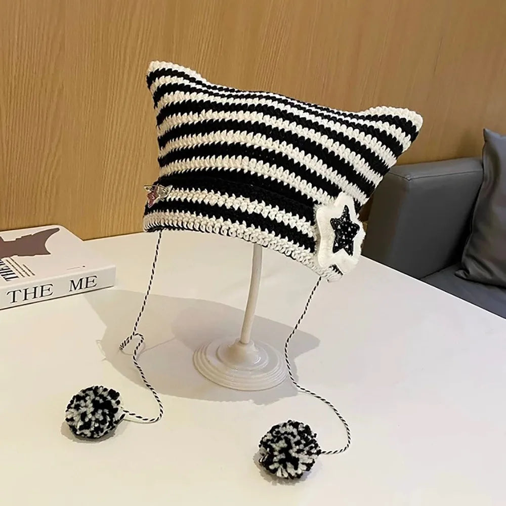 Y2K Knitted Beanie Hat – Pointed Ears Striped Star Devil Knitted Beanie Hat SWANS black-white