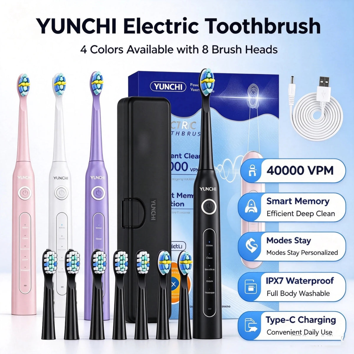 YUNCHi Y5 Electric Toothbrush | 5 Modes, IPX7, 8 Brush Heads Electric Toothbrush SWANS
