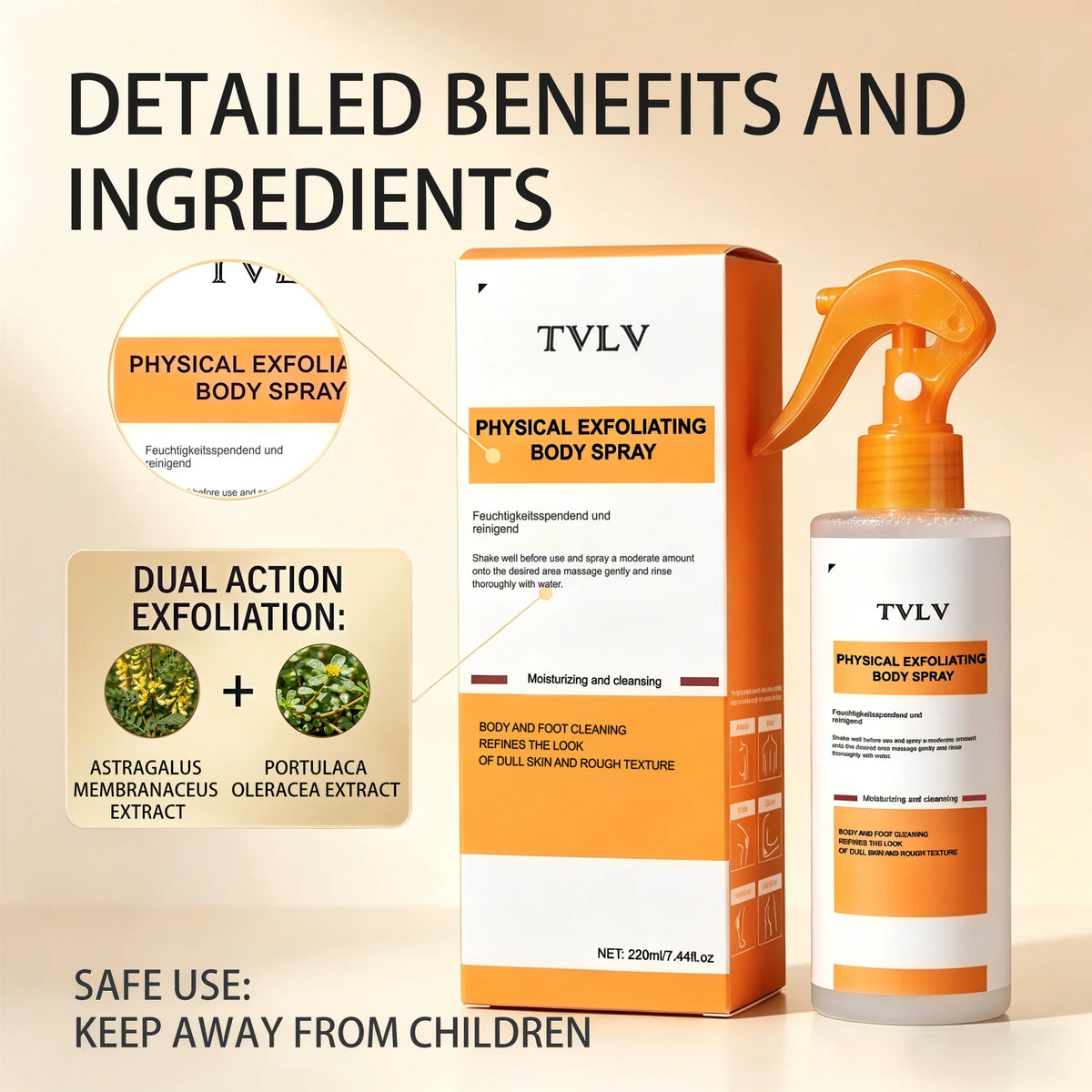 TVLV Exfoliating Body Spray – Moisturizing Skin Cleanser 220ml Body Exfoliating Spray SWANS