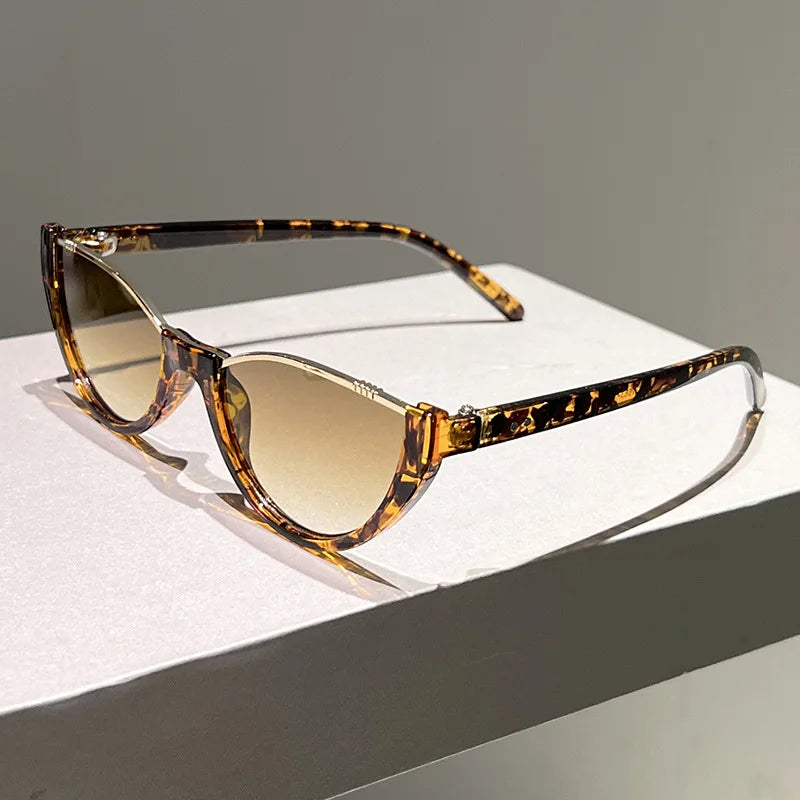 Y2K Cat Eye Half Frame Sunglasses UV400 Unisex Vintage Cat Eye Sunglasses SWANS Leopard Tea As the photo
