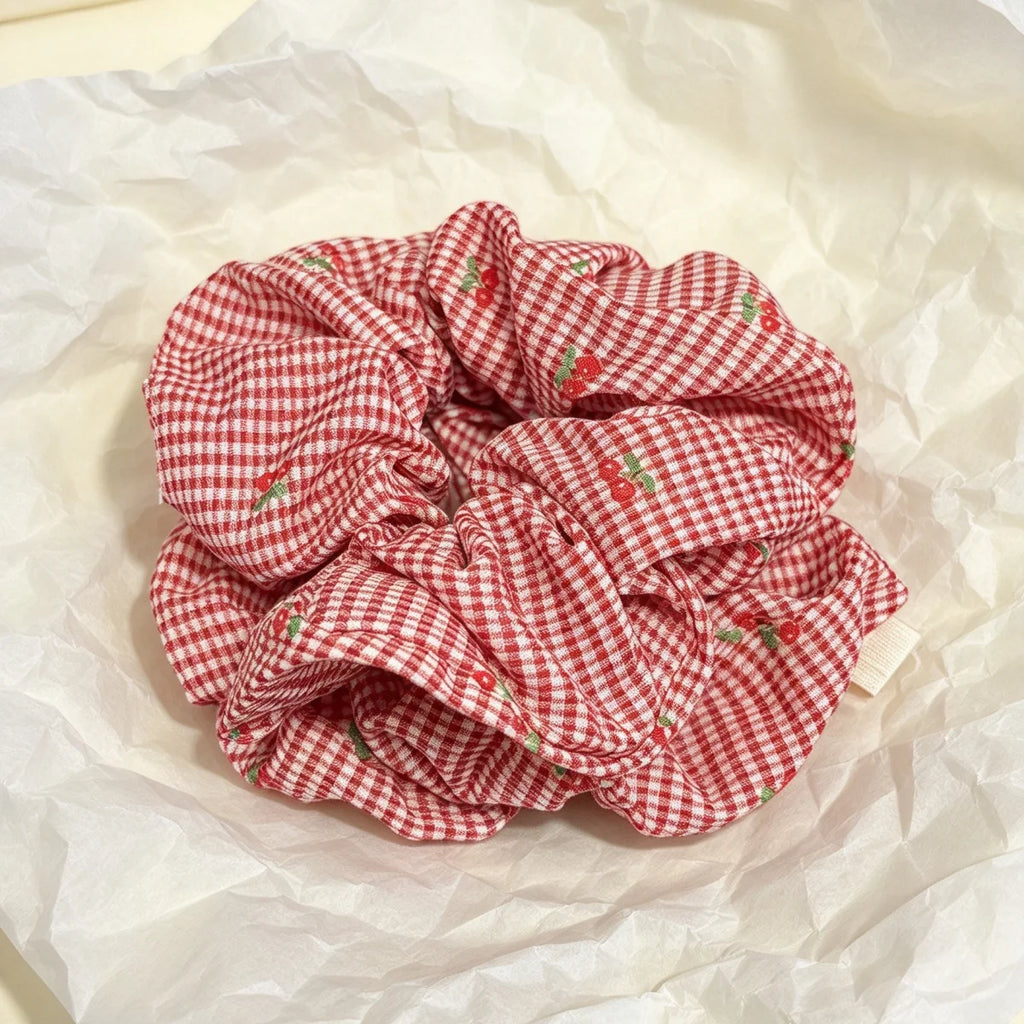 Christmas Cherry Gingham Scrunchie – Red Plaid Ponytail Holder Hair Scrunchie SWANS