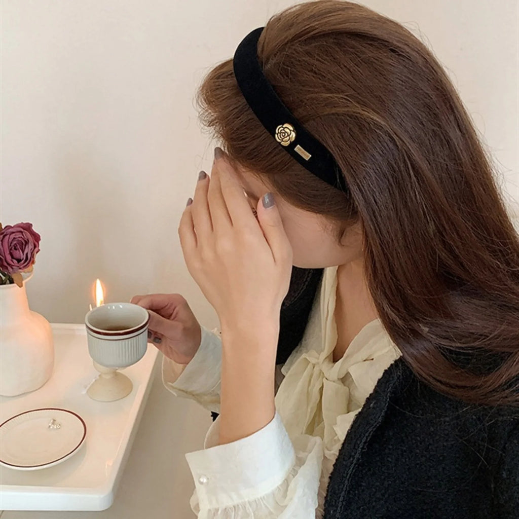 Black Velvet Headband Gold Rose Detail – Women's Hair Accessory Velvet Hair Headband SWANS