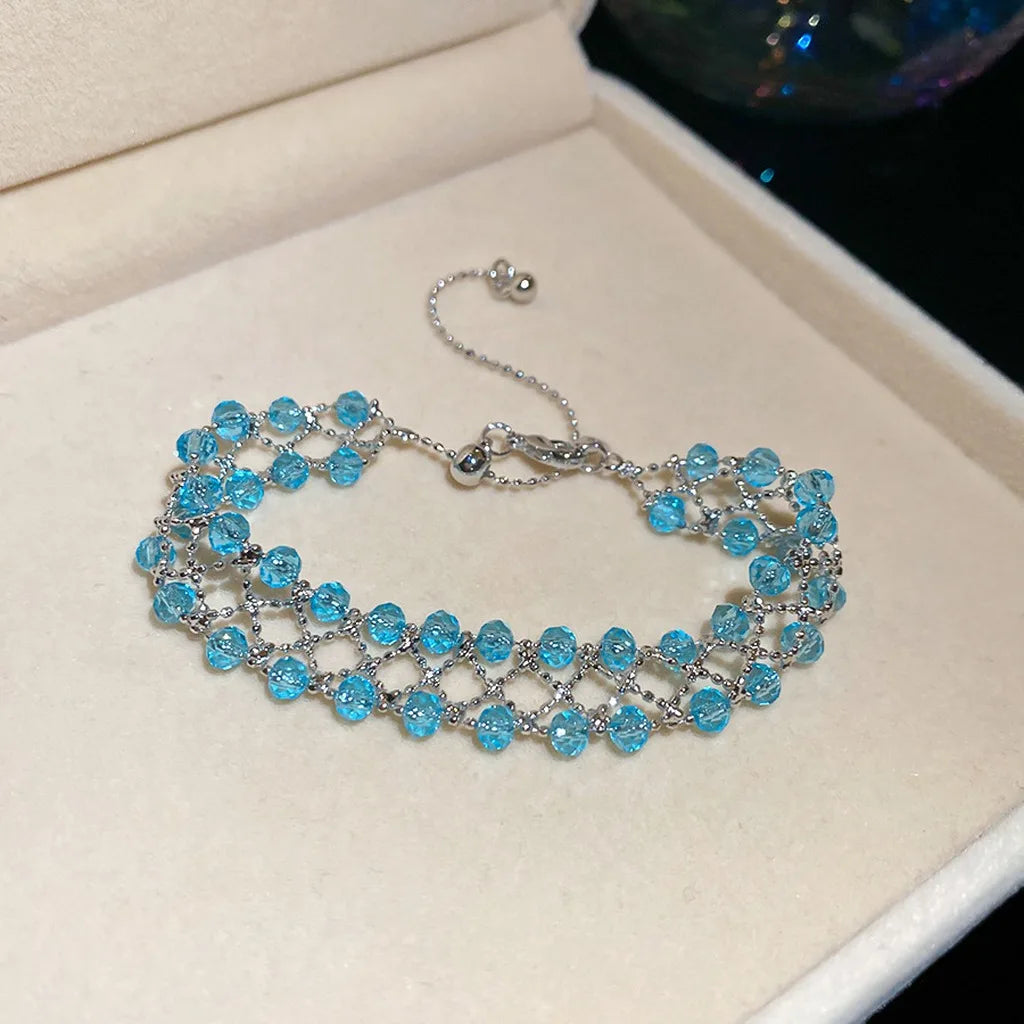 Women's Woven Crystal Alloy Bracelet – Adjustable Geometric Fashion Bracelet SWANS Silver Blue