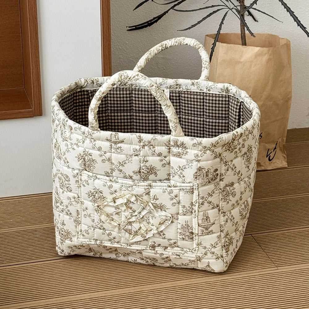 Vintage Floral Quilted Foldable Storage Basket with Handle Fabric Storage Basket SWANS 5