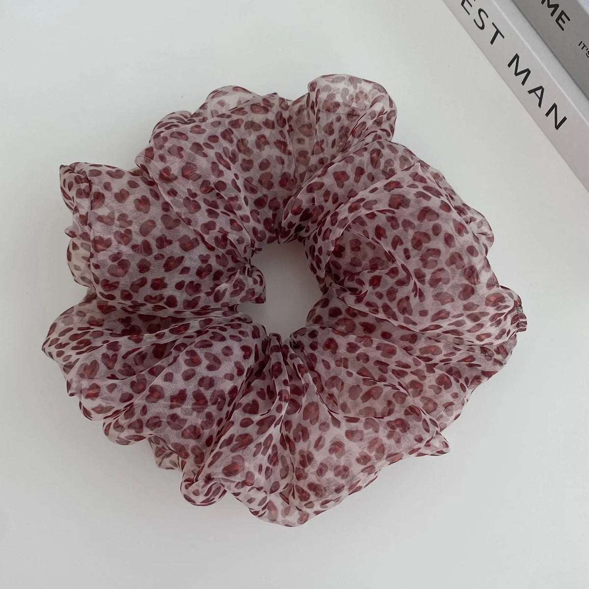 Y2K Leopard Print Chiffon Scrunchie | Korean Hair Tie Chiffon Scrunchie SWANS pink