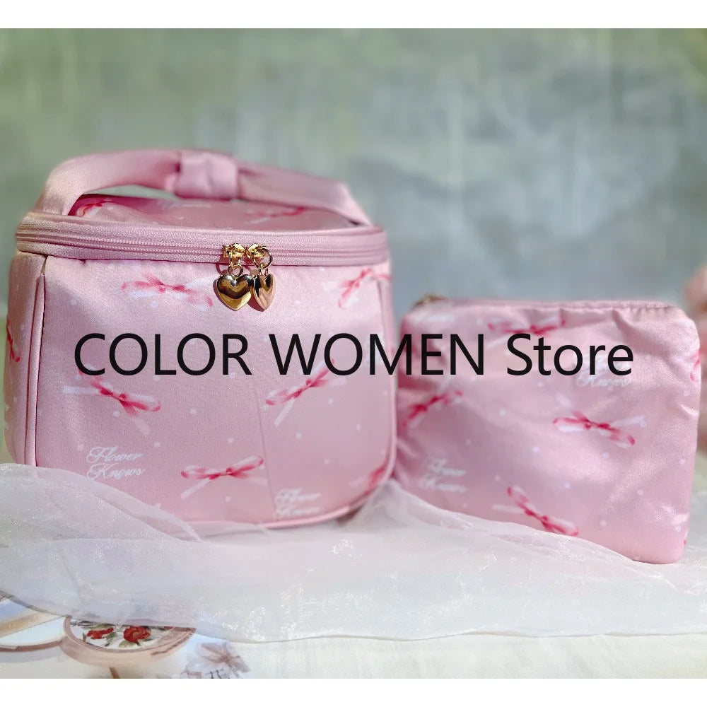 Flower Knows Pink Print Genuine Leather Cosmetic Tote Bag Cosmetic Tote Bag SWANS storage bag