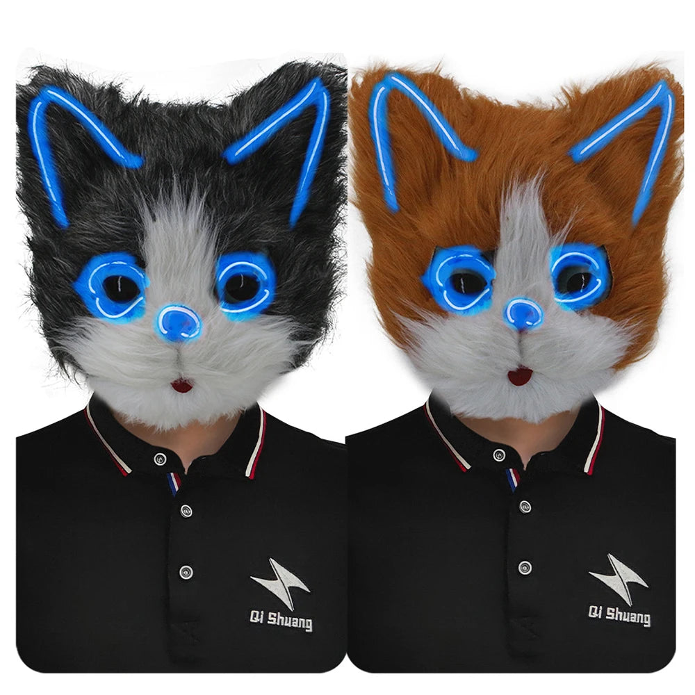 Glowing Blue LED Plush Cat Mask – Cosplay & Halloween LED Costume Mask SWANS
