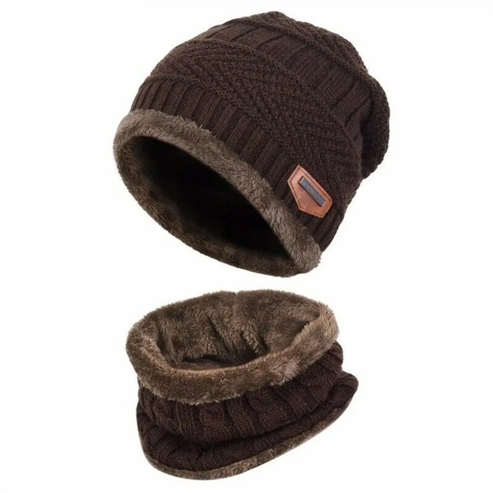 Kids Winter Knit Hat & Neck Warmer Set – Fleece Lined Kids Winter Hat Set SWANS coffee One Size