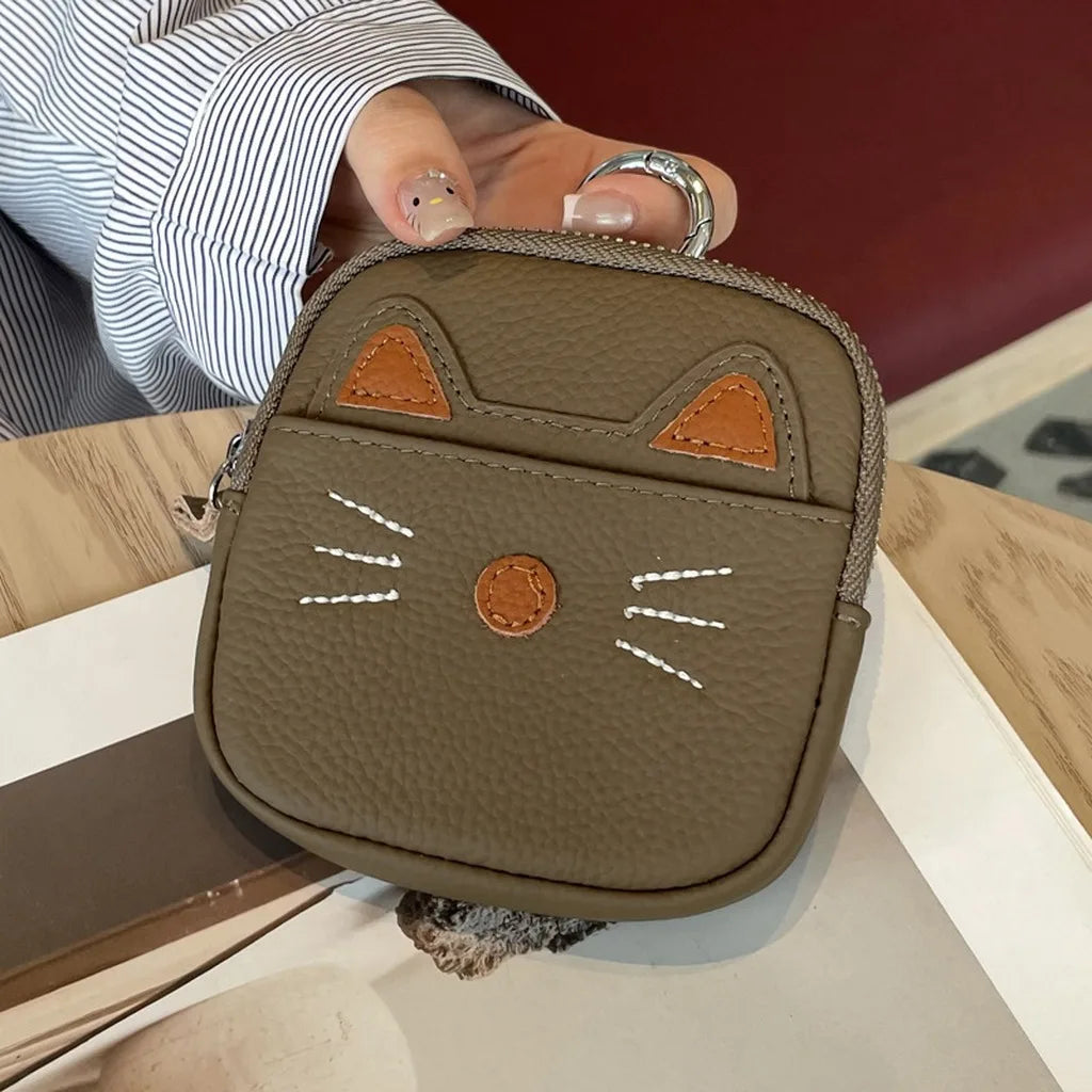 Cute Cat Leather Coin Purse – Zipper Pouch with Key Ring Mini Coin Purse SWANS Khaki