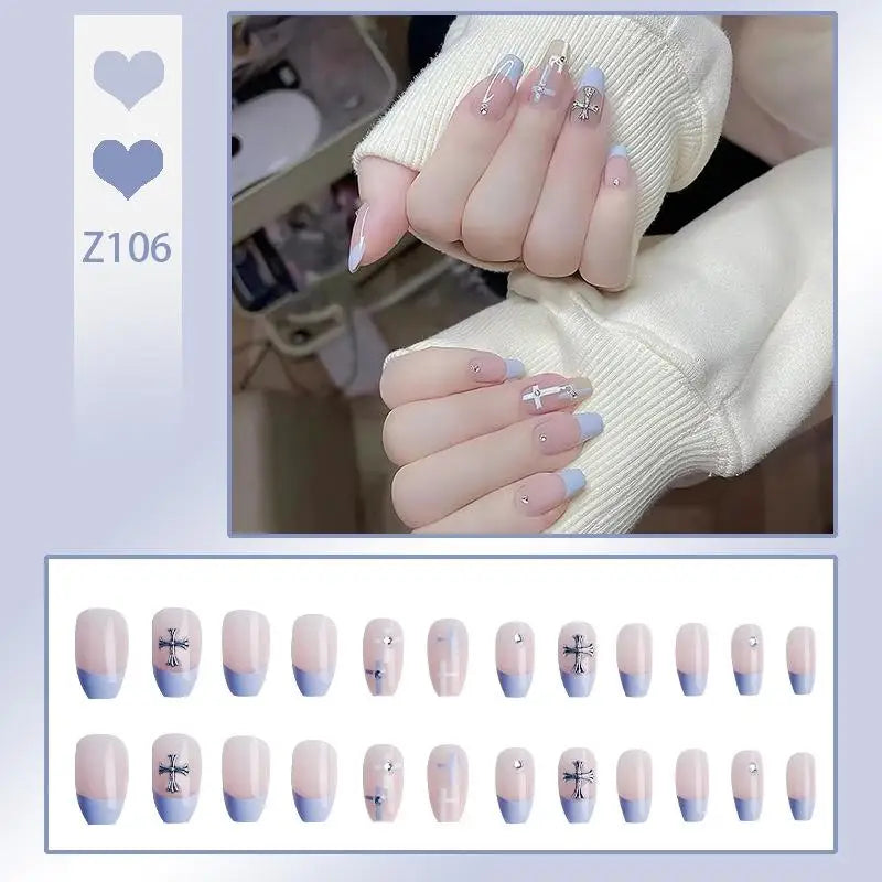 Press-On French Tip Acrylic Nails – 24pc Short Fake Nail Set Press-On Nail Set SWANS Z106