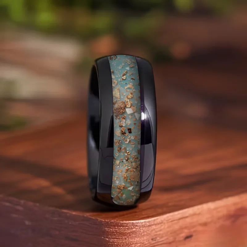 Men's Black Stainless Steel Ring – Gold Foil Inlay Wedding Band Men's Fashion Ring SWANS
