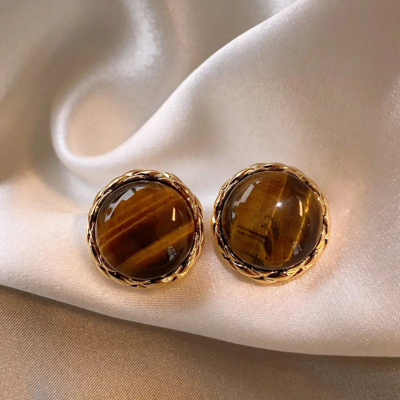 Tiger Eye Stone Stud Earrings – Zinc Alloy Light Luxury Stud Earrings SWANS 12