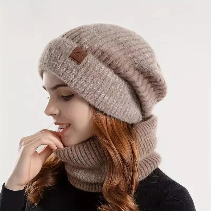 Women's Two-Tone Knitted Beanie & Velvet Bib Set | Winter Hat Winter Beanie Set SWANS