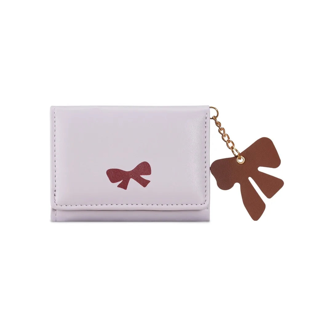 Women's Tri-Fold Coin Purse – PU Leather Bow Charm Wallet Women's Wallet SWANS Light Purple