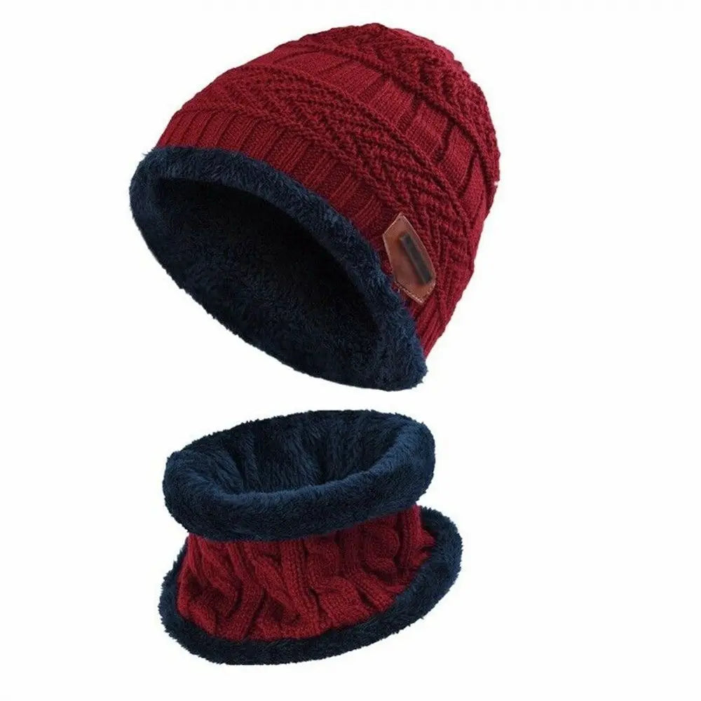 Kids Winter Knit Hat & Neck Warmer Set – Fleece Lined Kids Winter Hat Set SWANS Red One Size