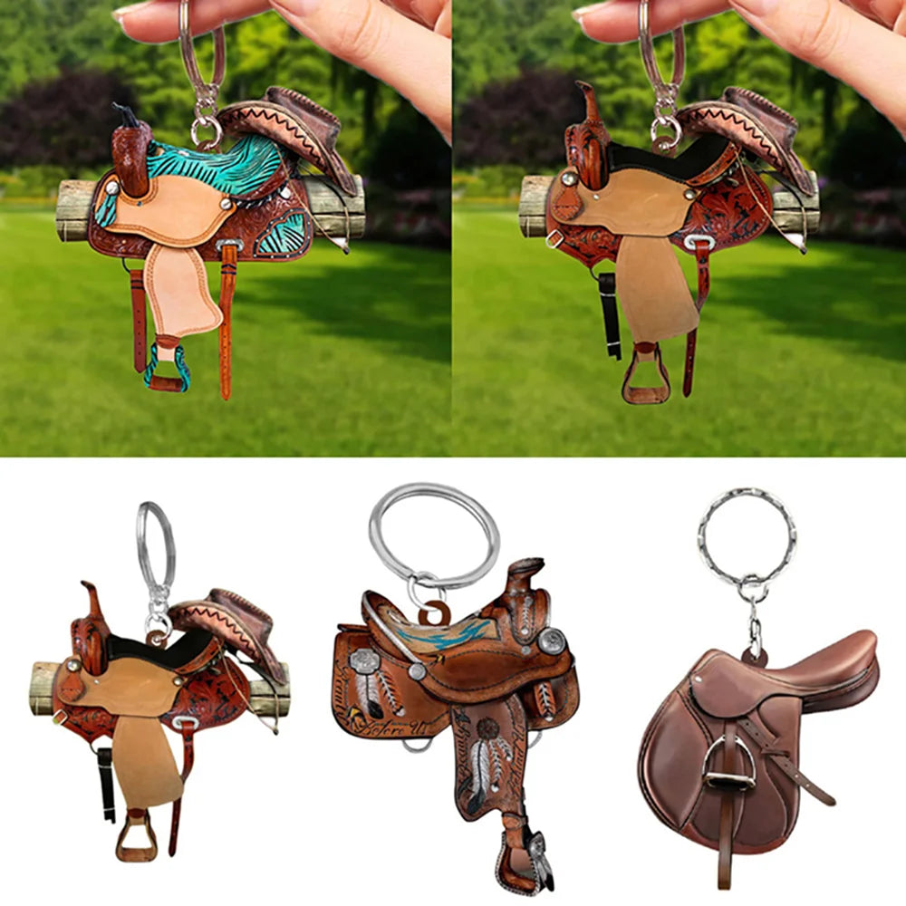 Western Cowboy Saddle Acrylic Keychain Charm Pendant | Horse Gift Acrylic Keychain Charm SWANS