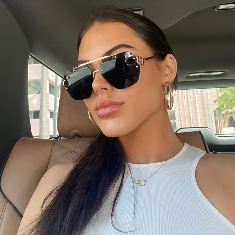Y2K Rimless Pilot Sunglasses Double Bridge Rivet Metal Unisex Fashion Sunglasses SWANS