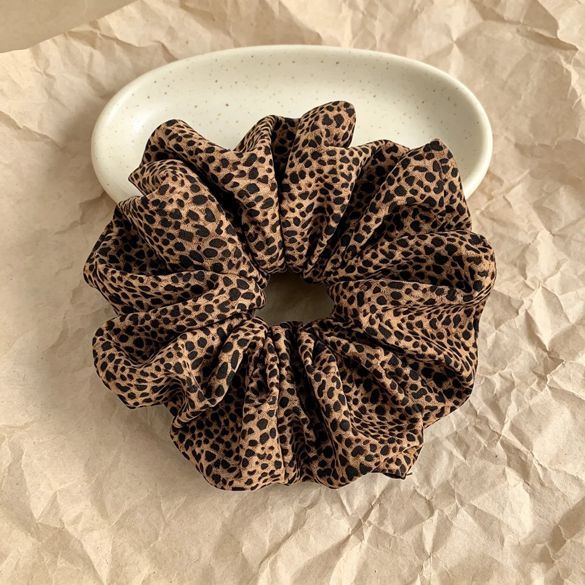 Vintage Leopard Print Scrunchie – Large Soft Fabric Hair Tie Hair Scrunchie SWANS Brown
