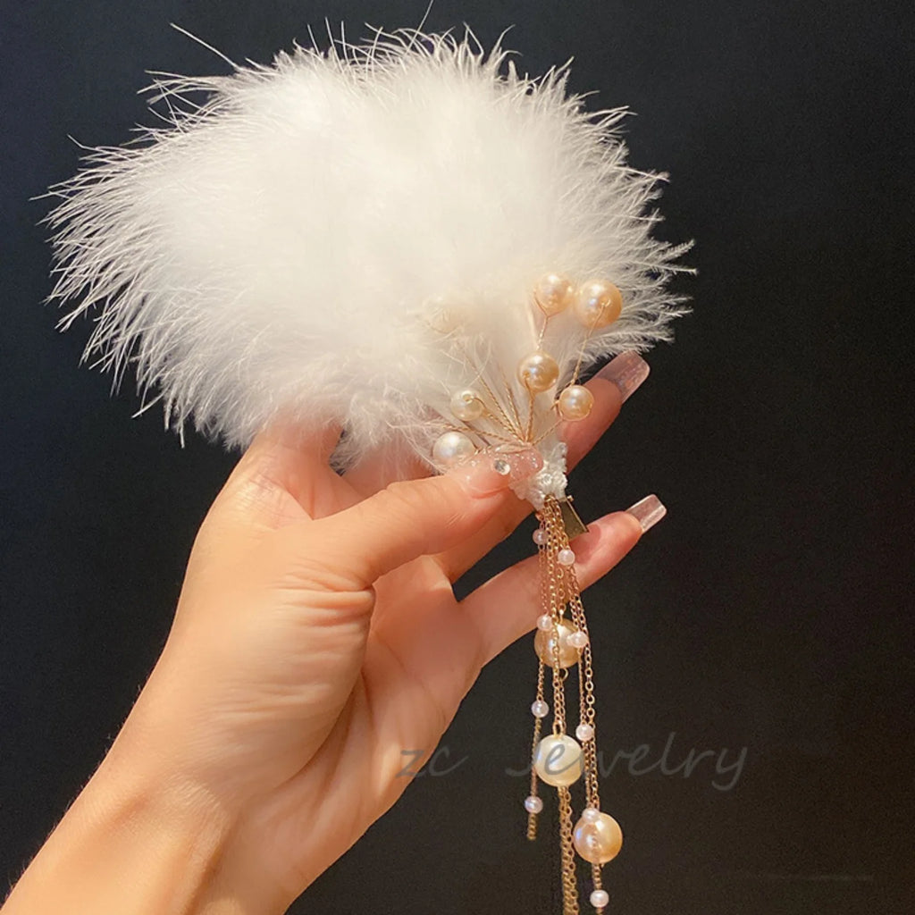 White Feather Hair Clip – Faux Pearl Tassel Bridal Barrette Bridal Hair Barrette SWANS feather