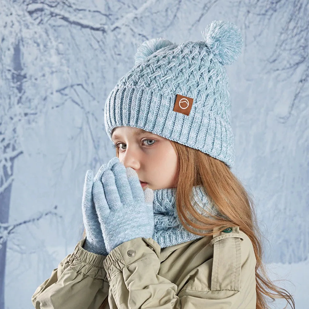 Kids Winter Knit Beanie Hat, Gloves & Scarf Set with Pom Fleece Kids Winter Accessory Set SWANS Light Green