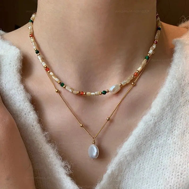 Colorful Pearl Choker – Freshwater Pearl & Natural Stone Necklace Pearl Beaded Necklace SWANS