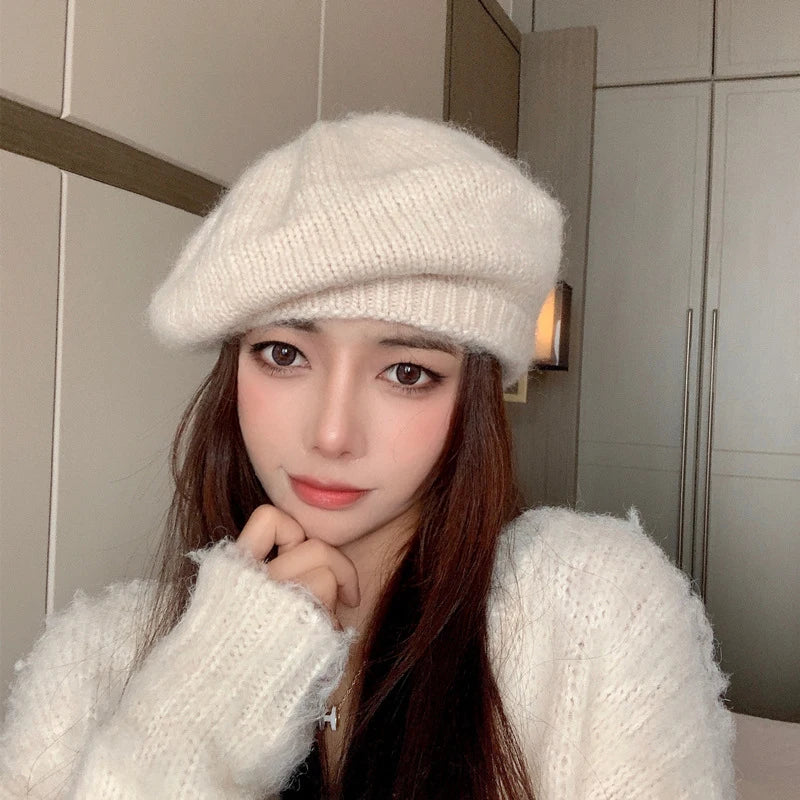 Women's Wool Blend Beret – Warm Knit French Artist Cap Women's Beret Hat SWANS beige Elastic