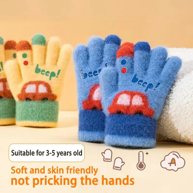 Kids Winter Knit Gloves Cartoon Car Design | Ages 3–7 Kids Winter Gloves SWANS