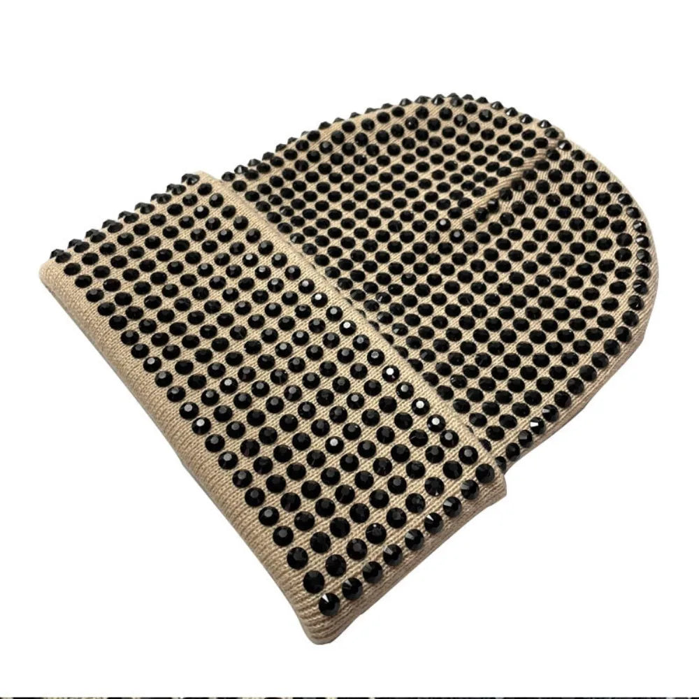 Y2K Rhinestone Knit Beanie Hat – Stretchy Shiny Cap Men & Women Knit Beanie Hat SWANS Beige