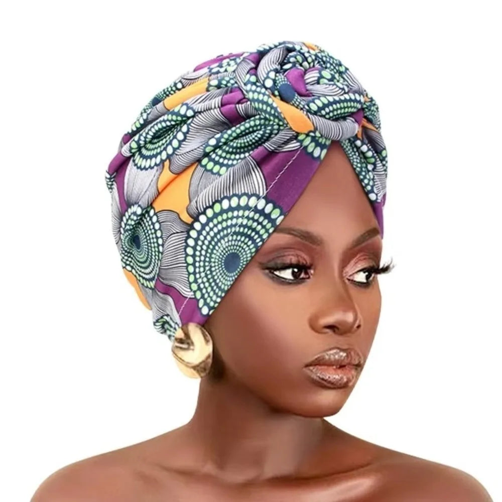 African Print Hijab Cap – Pleated Knotted Head Wrap | All Seasons Hijab Head Wrap SWANS 3