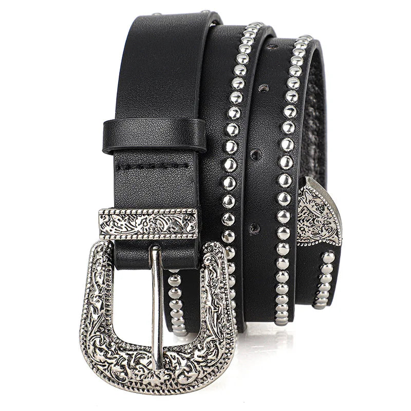 Punk Rivet PU Leather Belt – Vintage Carved Buckle Y2K Unisex PU Leather Belt SWANS