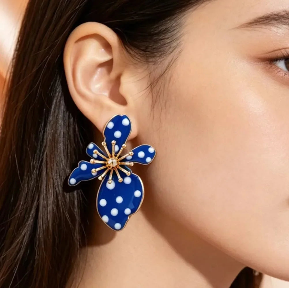 Retro Polka Dot Enamel Big Flower Stud Earrings for Women Stud Earrings SWANS
