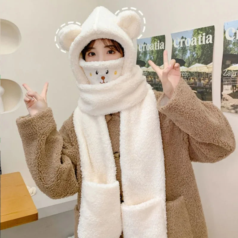 FAITOLAGI Cartoon Bear Plush Winter Hat Scarf Gloves Set Winter Hat Set SWANS