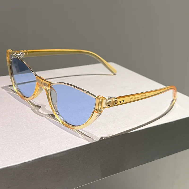 Y2K Cat Eye Half Frame Sunglasses UV400 Unisex Vintage Cat Eye Sunglasses SWANS Yellow Blue As the photo