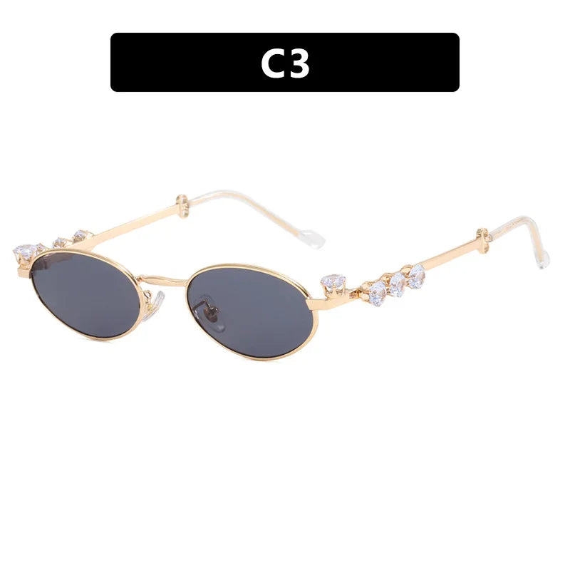 Y2K Vintage Oval Sunglasses Women – UV400 Diamond Metal Frame Fashion Sunglasses SWANS Gold Black As the photo