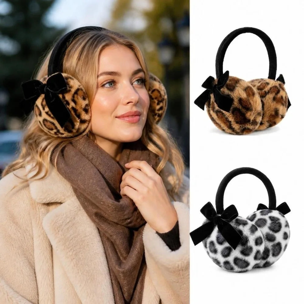 Retro Leopard Faux Fur Earmuffs – Bowknot Fluffy Ear Warmers Faux Fur Earmuffs SWANS