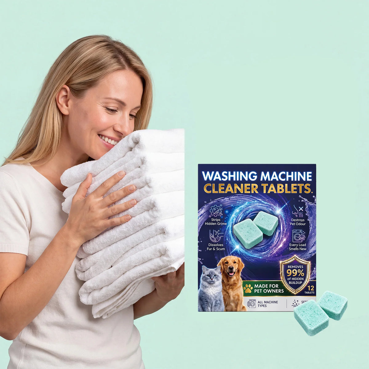 12-Pack Washing Machine Cleaner Tablets – Pet Hair & Odor Washer Cleaner Tablets SWANS