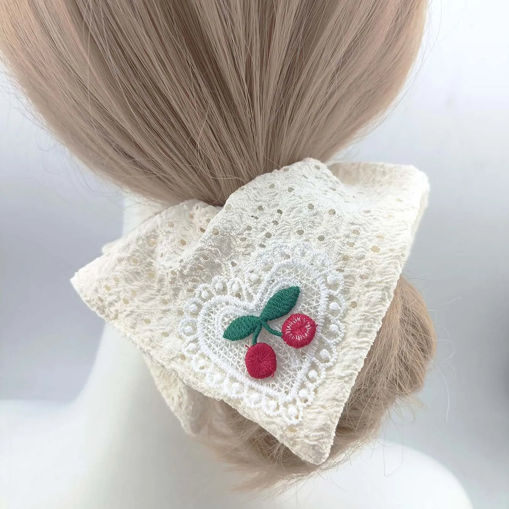 Cherry Print Hollow Fabric Scrunchie Headband & Scarf Hair Accessory Set SWANS