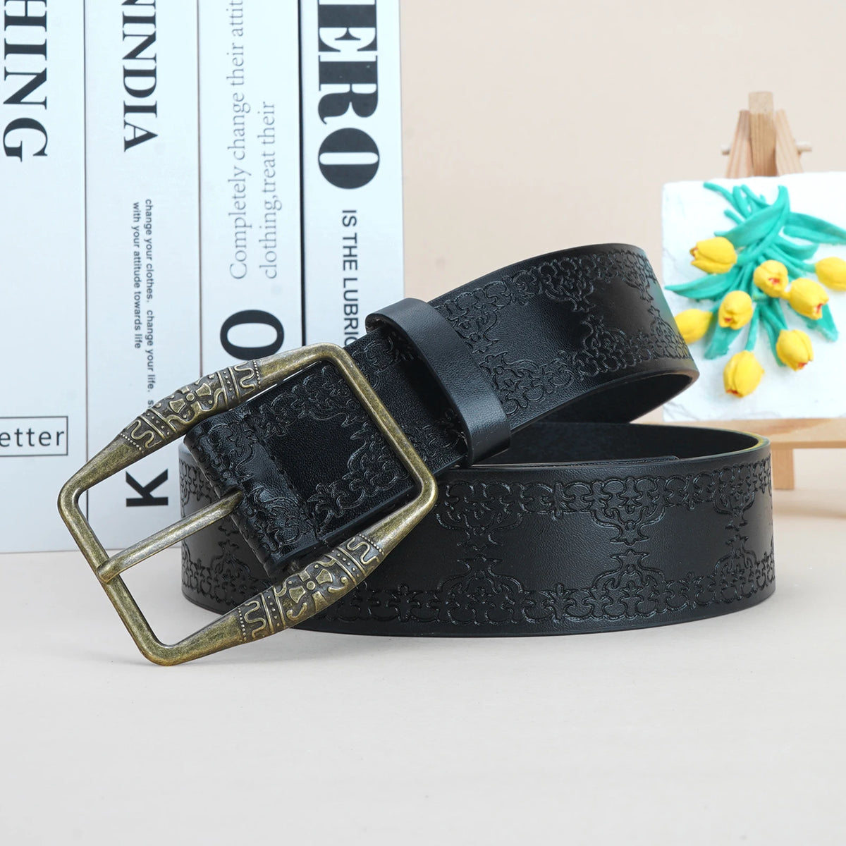 Women's Retro Western Belt – Embossed Cowgirl PU Leather Women's Fashion Belt SWANS ZN010-Black 105cm 41.3in