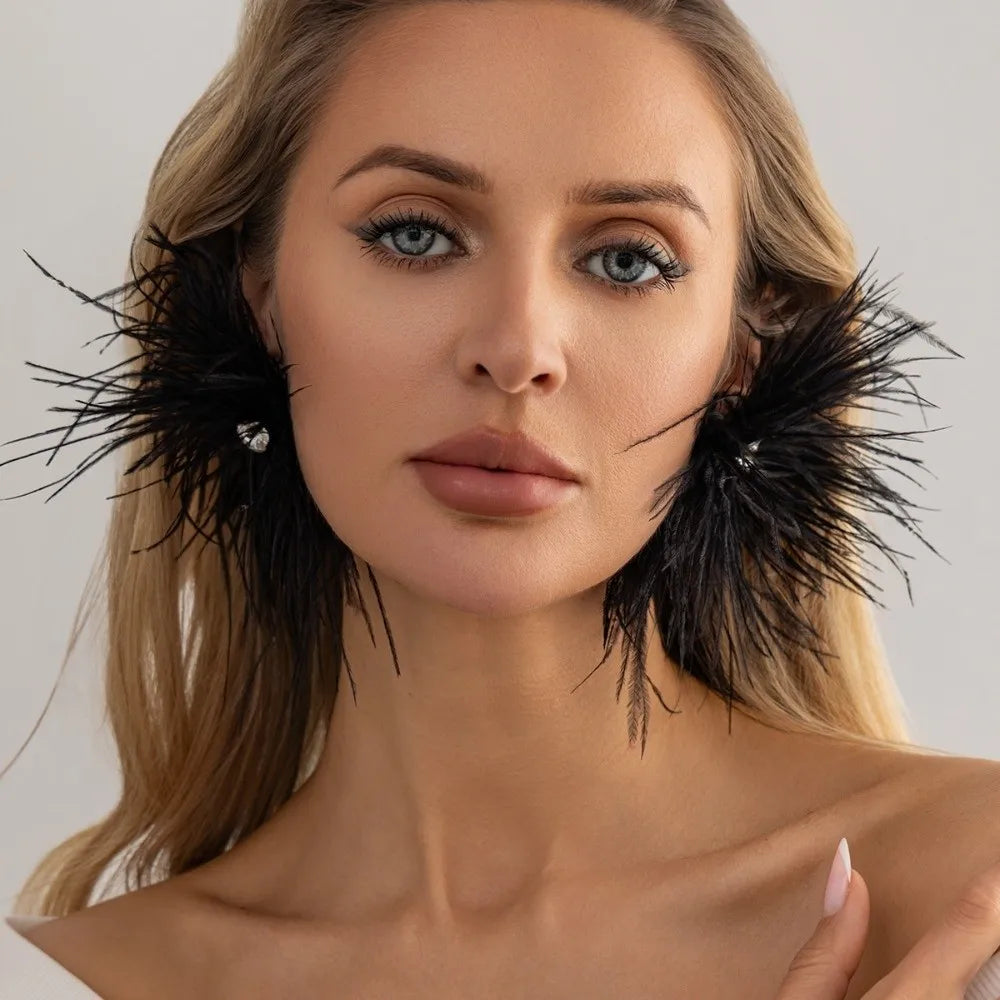 Multicolor Feather Dangle Earrings with Rhinestone Geometric Dangle Earrings SWANS Black