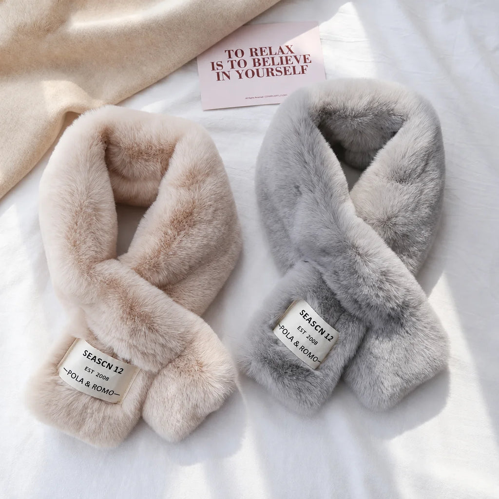 Pull-Through Faux Fur Scarf – Plush Letter Patch Neck Warmer Faux Fur Scarf SWANS