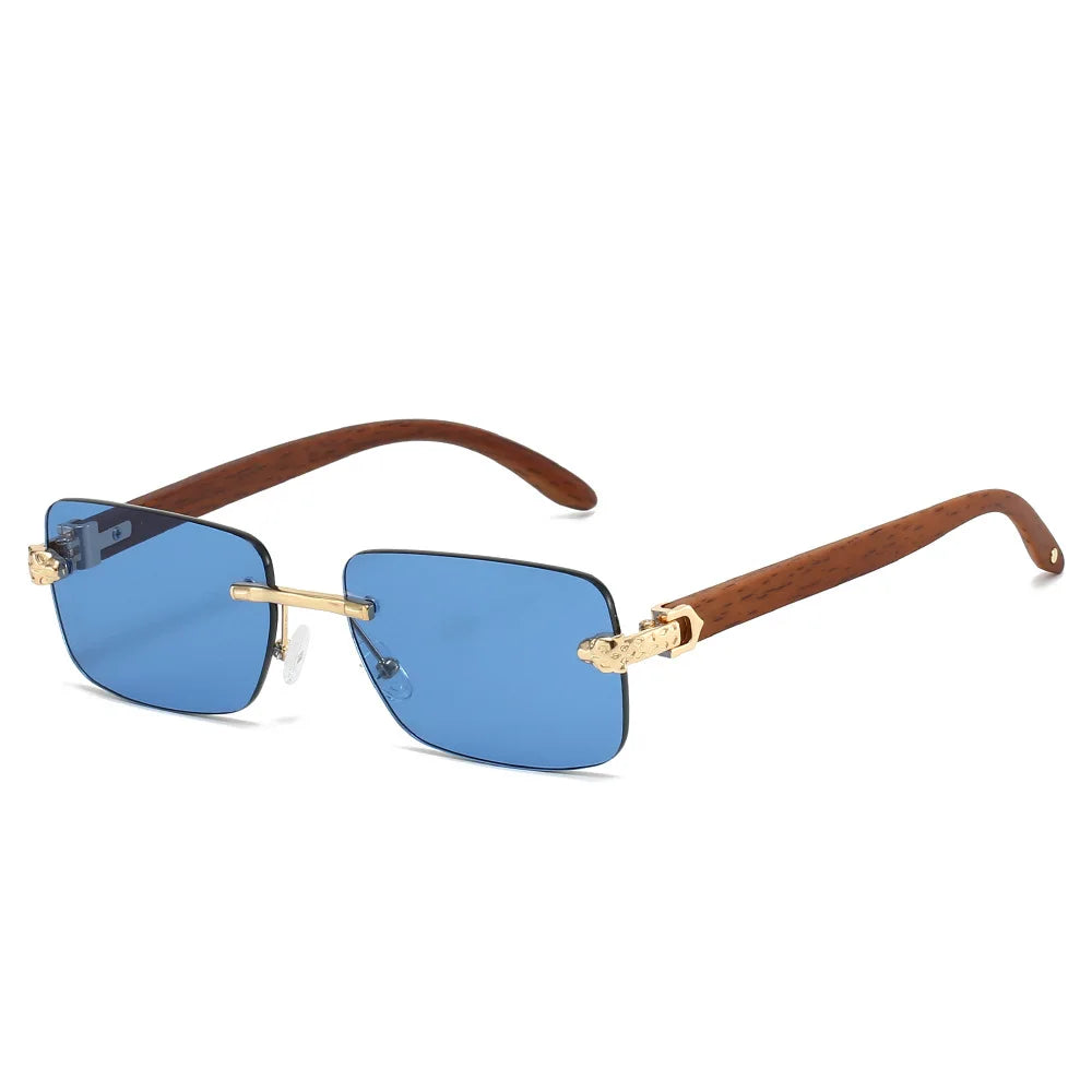 TOYEARN Rimless Square Sunglasses UV400 Vintage Wooden Grain Fashion Sunglasses SWANS Blue