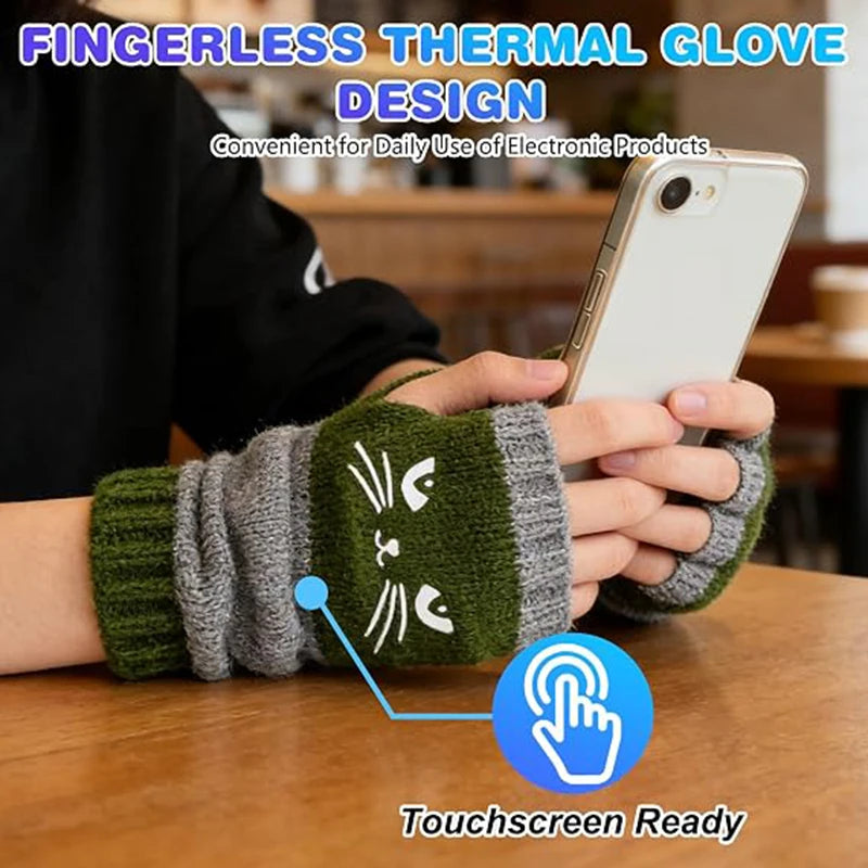 Cute Cat Fingerless Gloves – Thermal Touchscreen Mittens Fingerless Winter Gloves SWANS