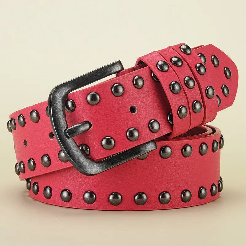 Punk Rivet Belt – Unisex Wide PU Denim Casual Belt Punk Rivet Belt SWANS Red 110cm