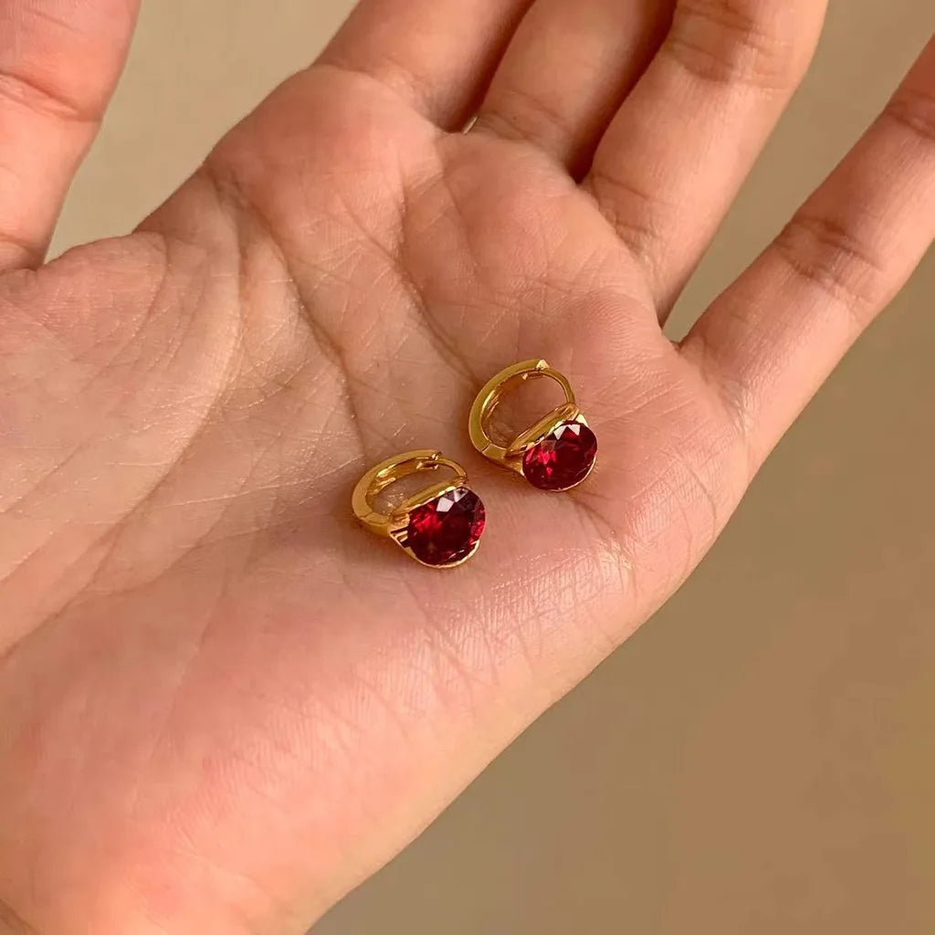 Sparkling Round Clip-On Earrings | 925 Silver Post & Zircon Clip-On Earrings SWANS Gold Wine Red