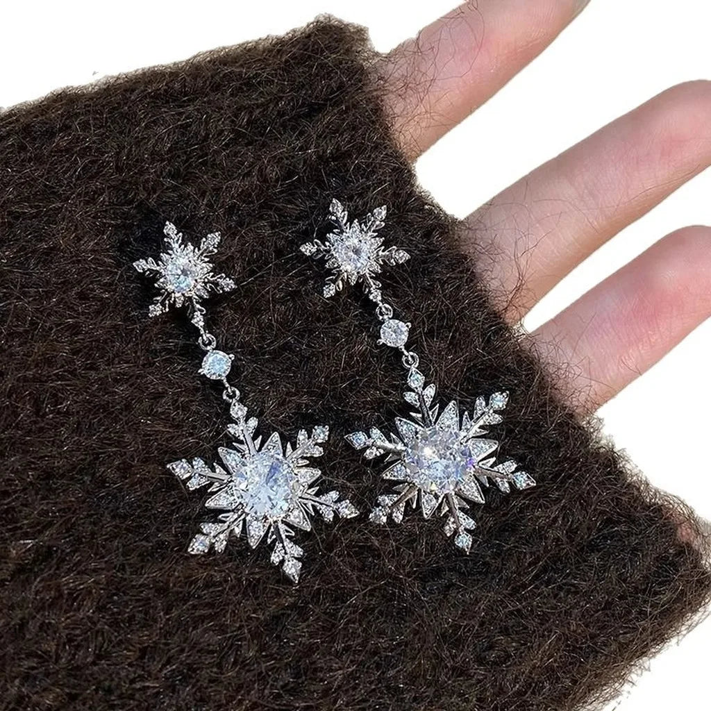 Double Snowflake Dangle Earrings – Hypoallergenic CZ Drop Dangle Earrings SWANS