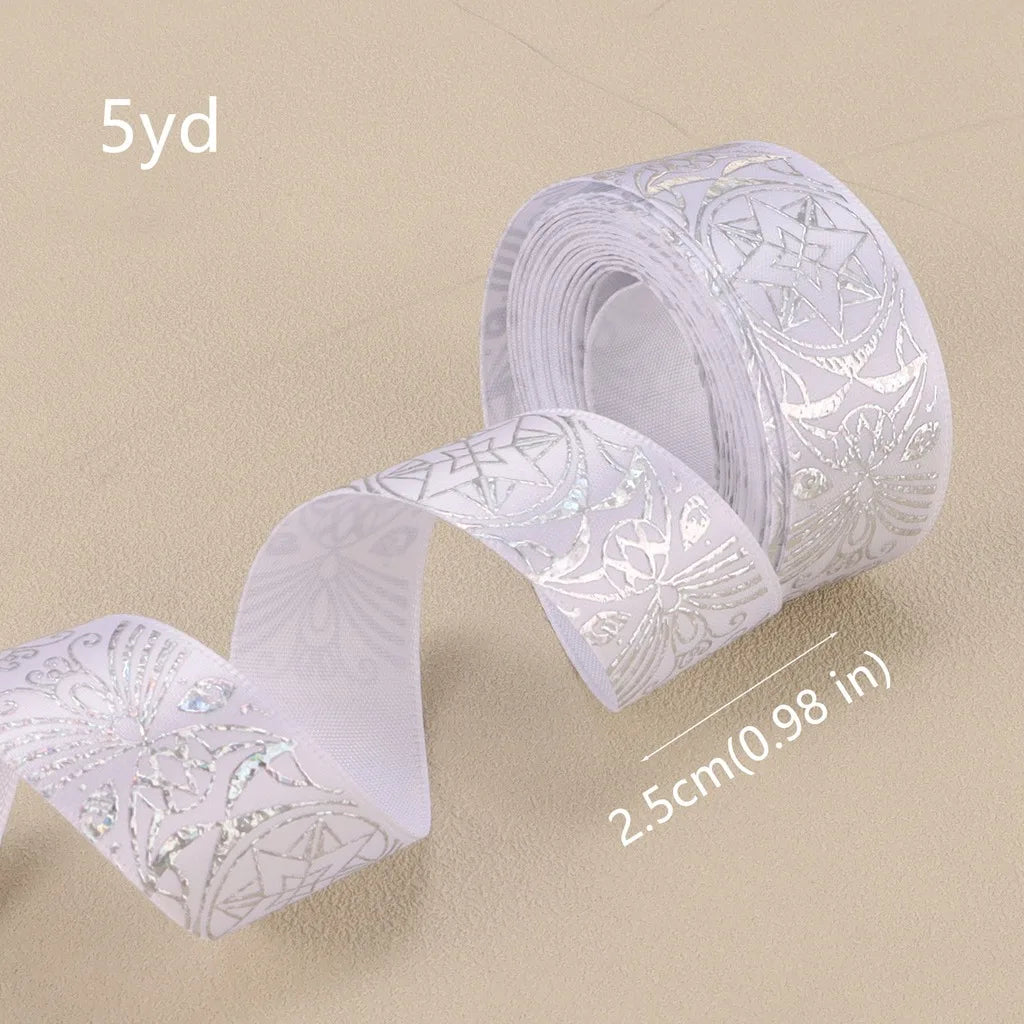 Satin Ribbon Silver Printed Octagon – 5 Yards, 5 Colors Decorative Craft Ribbon SWANS White