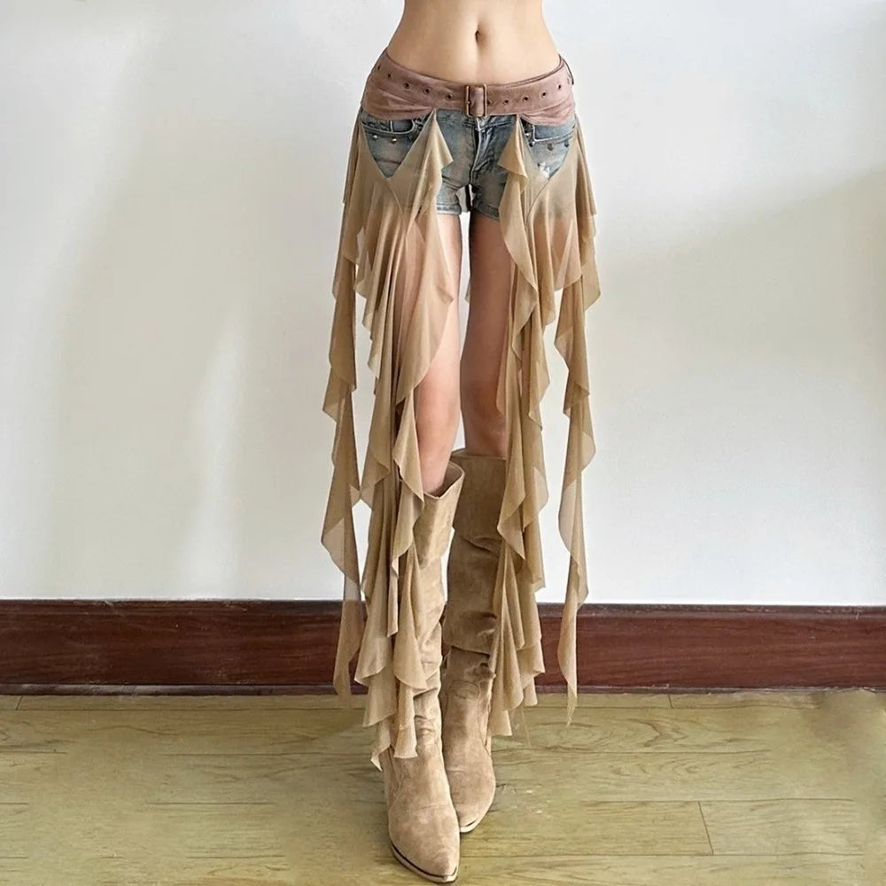 Y2K Ruffle Tassel Waistband Belt & Mini Skirt – Women's Streetwear Ruffle Waistband Belt SWANS Khaki Uniform