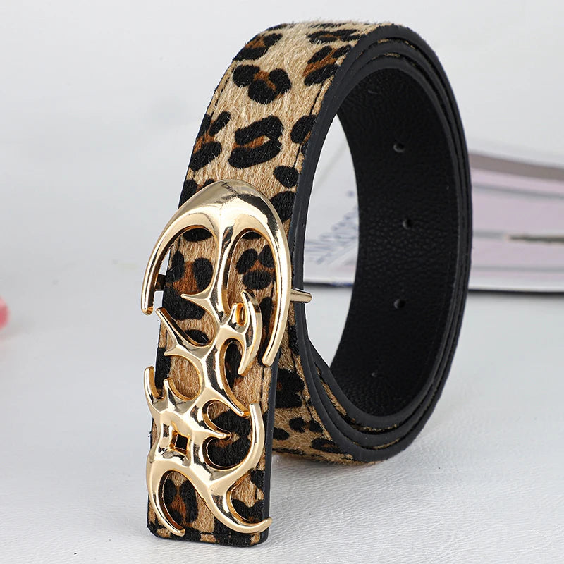 Y2K Hollow PU Leather Punk Belt – Reversible Unisex Style Punk Fashion Belt SWANS Leopard Lychee-B 110cm