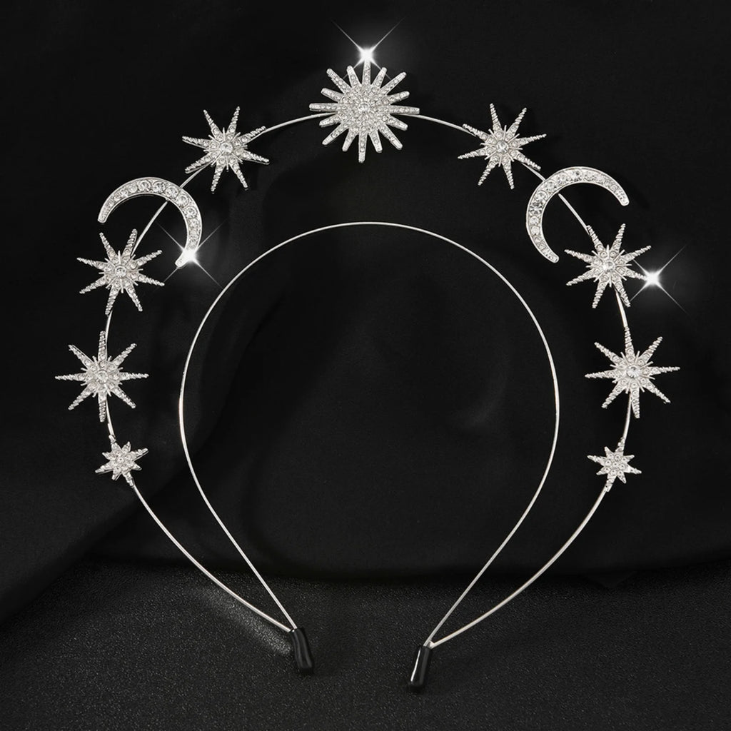 Rhinestone Celestial Headband – Sun Moon Star Halo Tiara Rhinestone Hair Headband SWANS